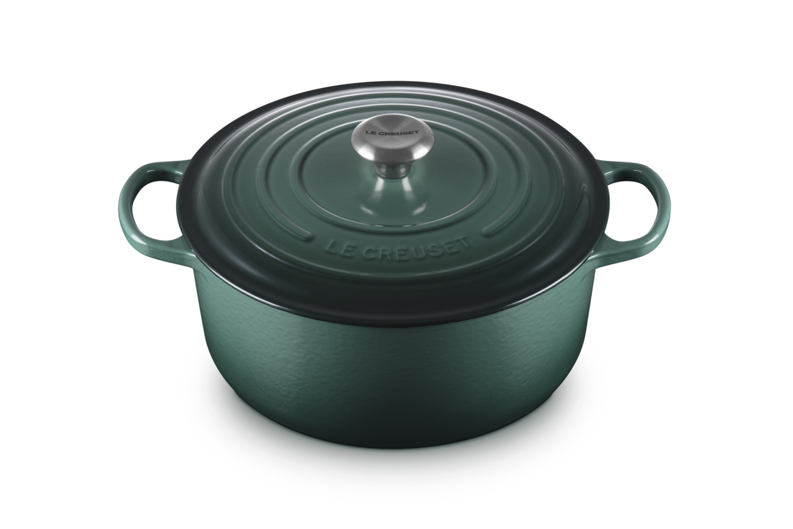 Green cast iron cookware pot with lid on a white background