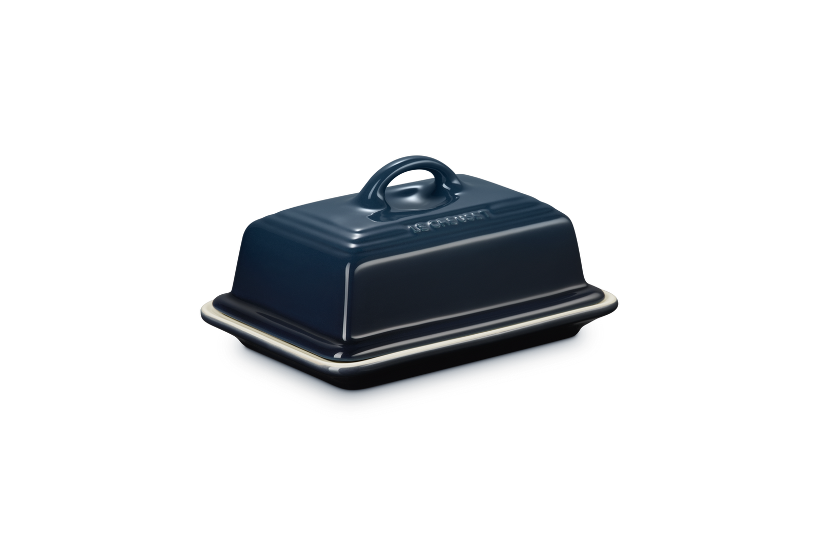 Blue butter dish with a lid on a white background