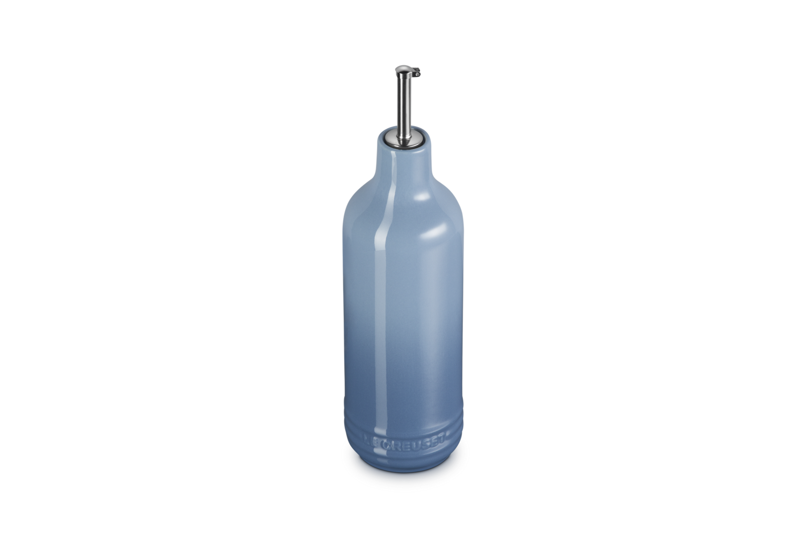 Light blue ceramic oil bottle with a metallic cap on a white background