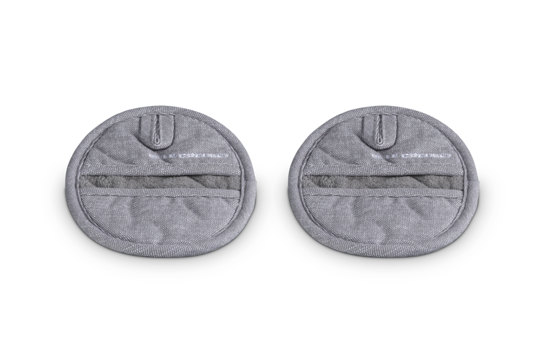 Two gray pot holders with a brand logo on a white background