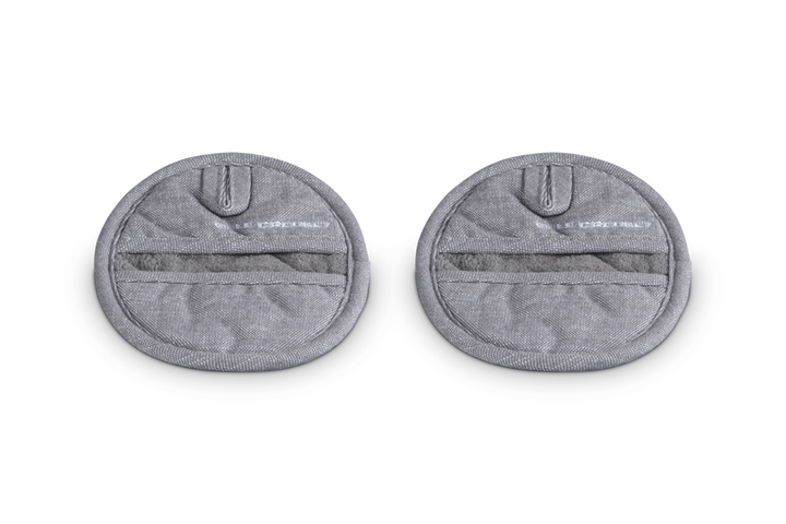 Two gray pot holders with a brand logo on a white background