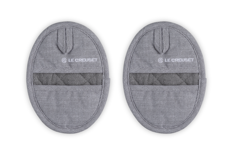 Two gray pot holders with &