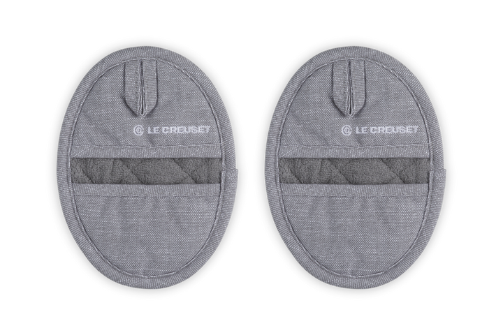 Two gray pot holders with &