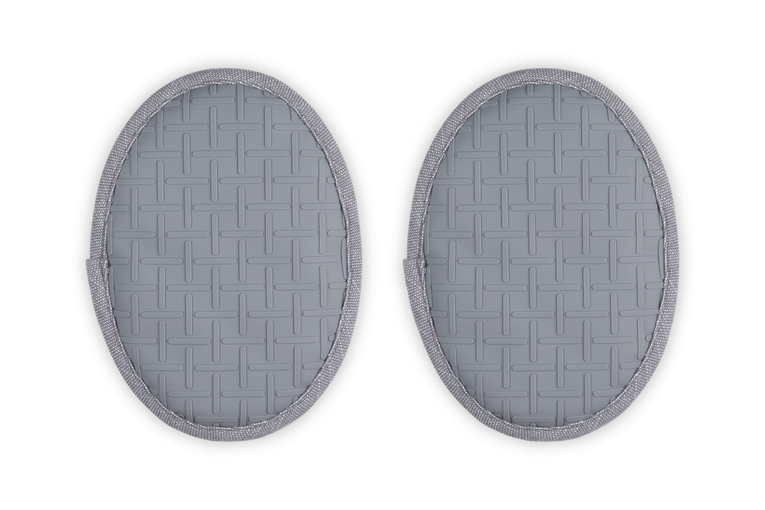 Two gray silicone pot holders on a white background