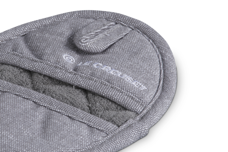 Gray pot holder with a brand logo on a white background