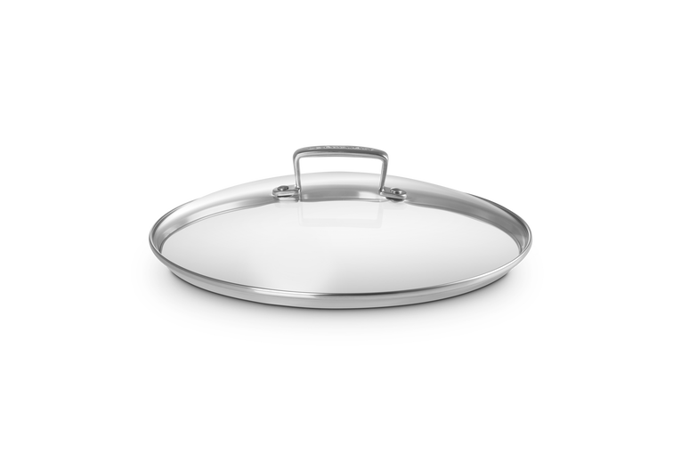 Glass pot lid with handle on a white background
