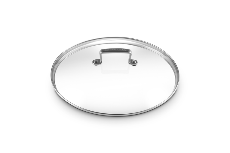 Glass lid with metal handle on a white background