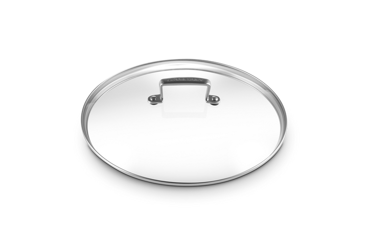 Glass lid with metal handle on a white background