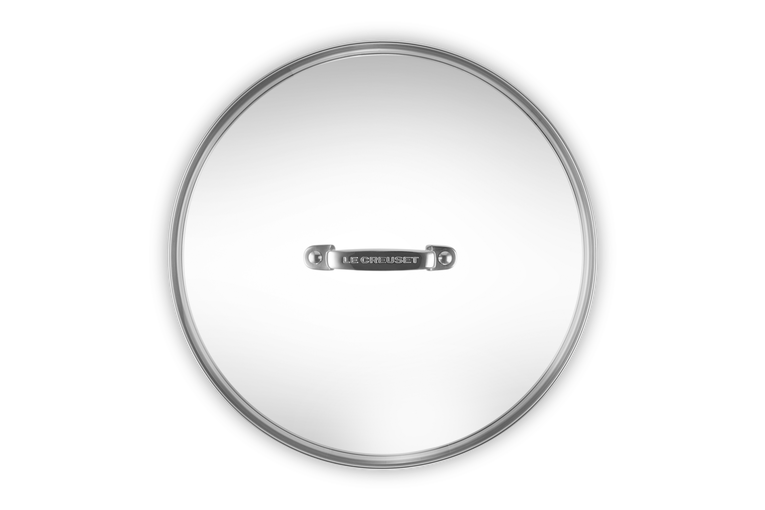 Round white object with a brand logo on a black background