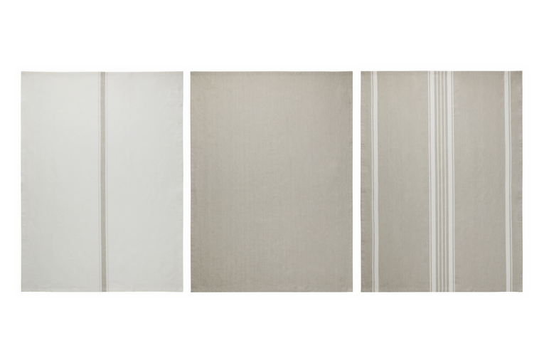 Three white & beige kitchen tea towels