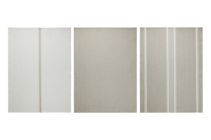 Three white & beige kitchen tea towels