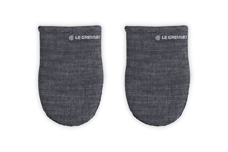 Set of 2 Noir Le Creuset Oven Mitts on a white background
