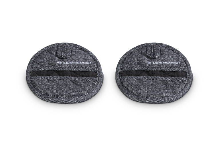 Two gray pot holders with &