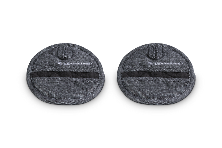Two gray pot holders with &