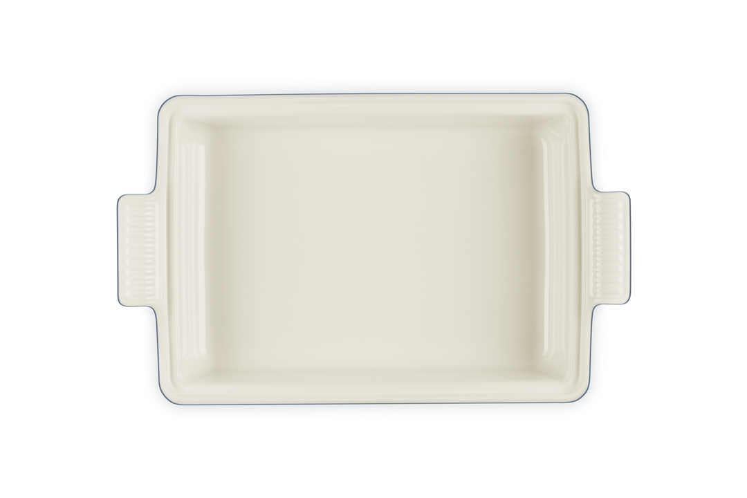 Rectangular ceramic baking dish on a white background