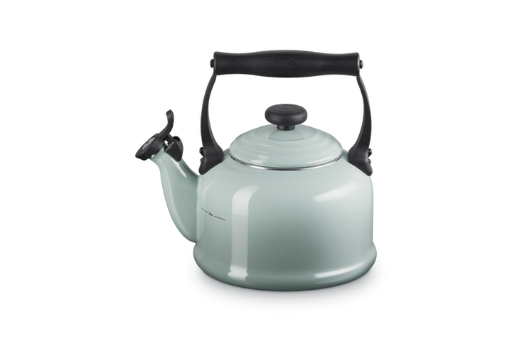 Tea kettle with black handle and lid on a white background