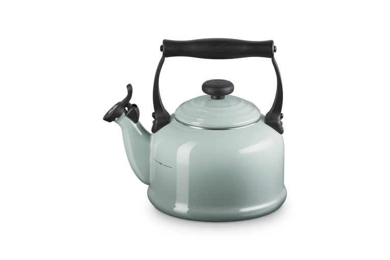 Tea kettle with black handle and lid on a white background