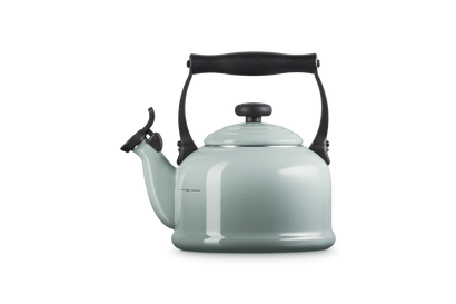 Light green kettle with black handle on a white background