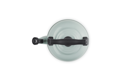 Light green Le Creuset Kettle with black handle on white background