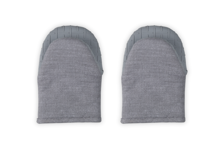 Pair of gray oven mitts on a white background