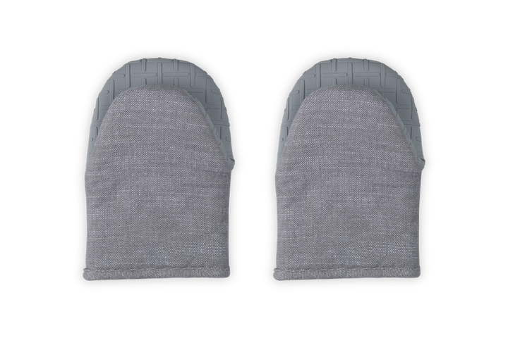 Pair of gray oven mitts on a white background