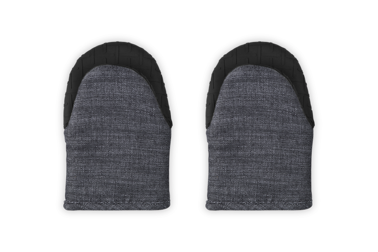 Pair of gray oven mitts with black  silicone on a white background