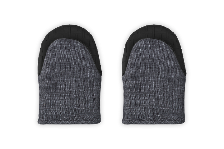 Pair of gray oven mitts with black  silicone on a white background