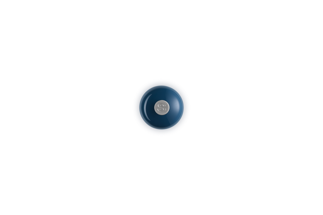 Blue salt grinder with a logo on a white background