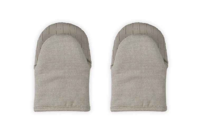 Pair of gray oven mitts on a white background