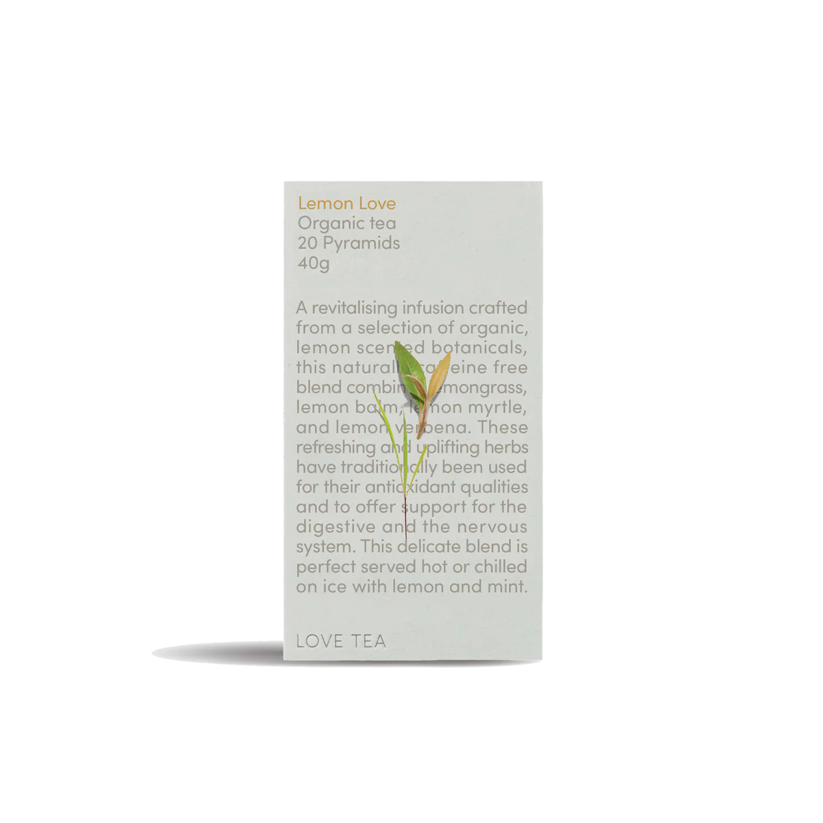Box of Lemon Love Organic Tea with text and a small plant on a white background