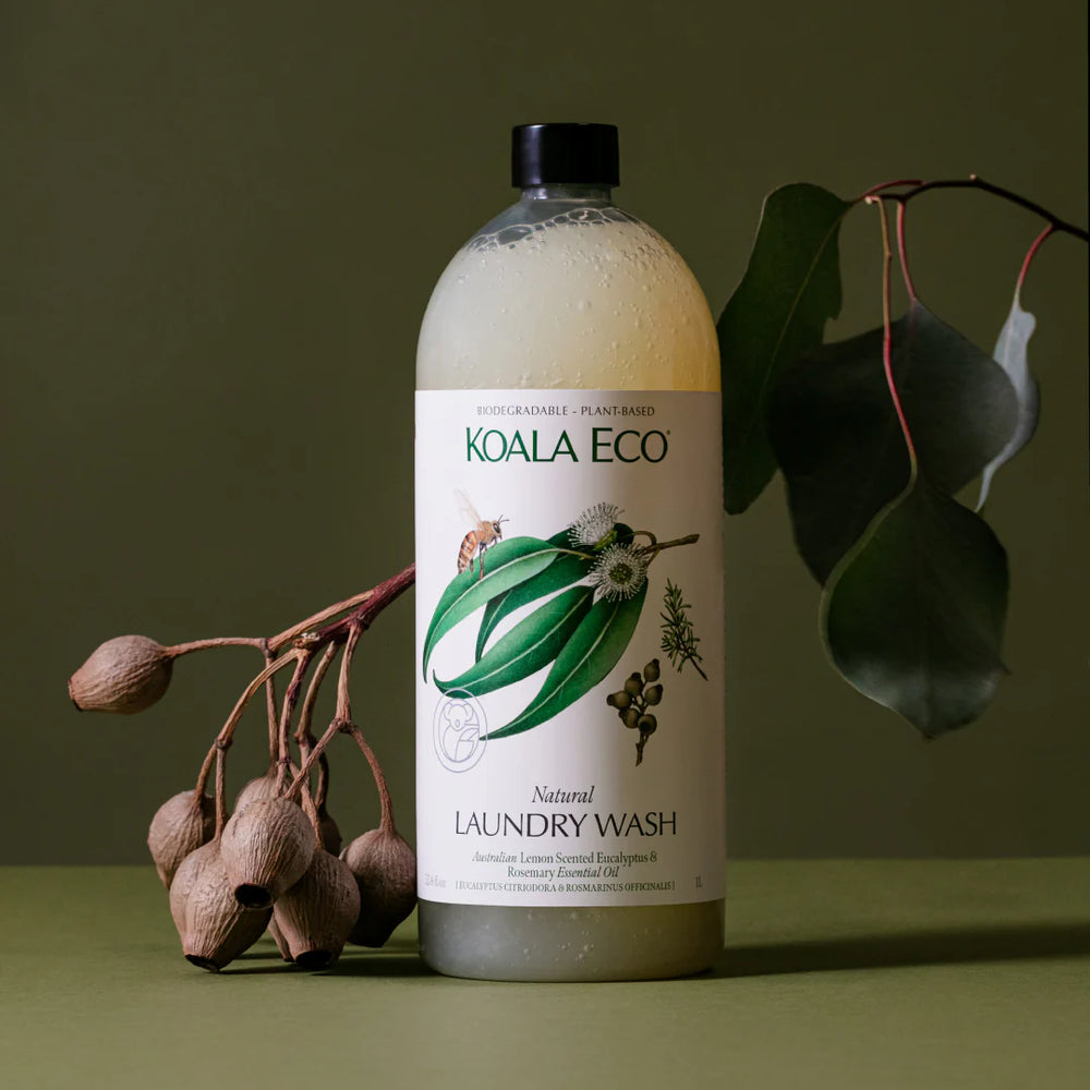 Bottle of Koala Eco laundry wash with leaves and branches on a green background