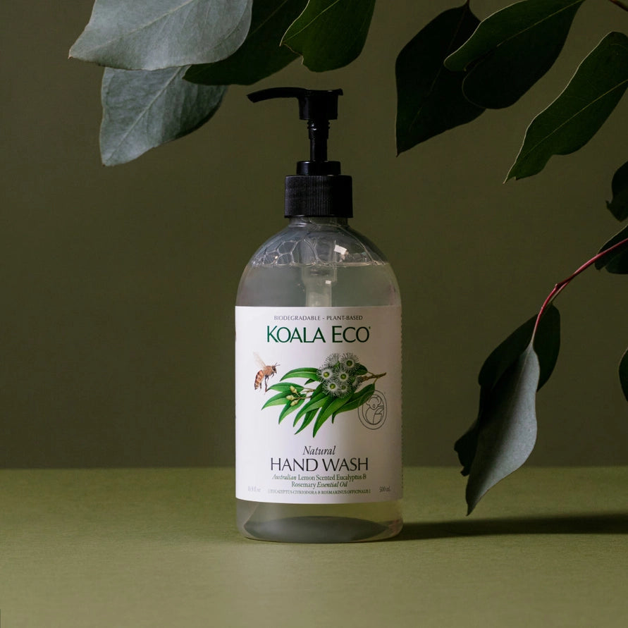 Koala Eco natural hand wash bottle with green leaves in the background