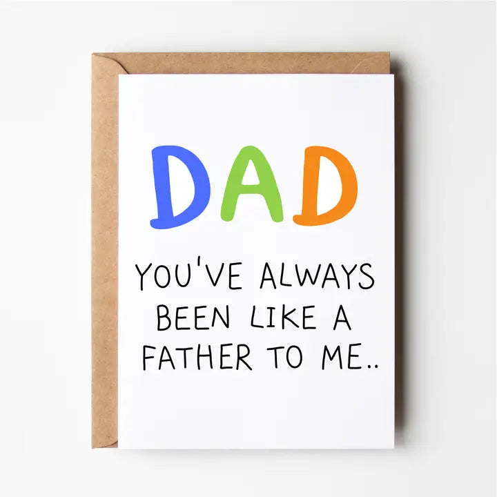 Greeting card with colorful 'DAD' text and message on a white background