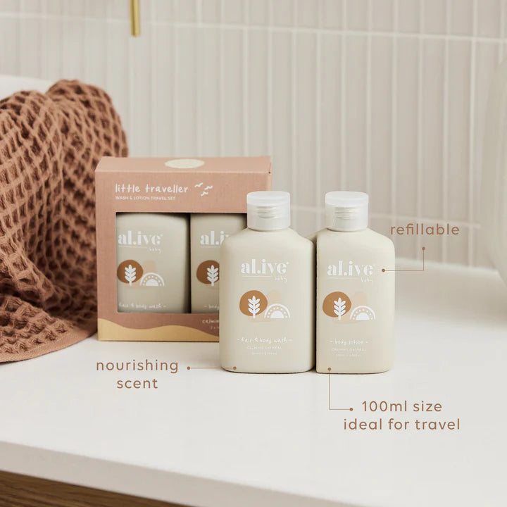Two bottles of 'alive' body wash with a box on a bathroom counter.