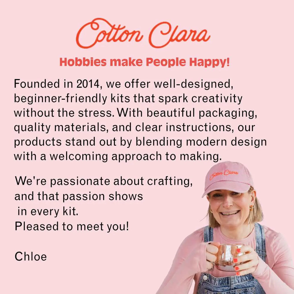 Person wearing a pink 'Cotton Clara' cap holding a product with promotional text about the brand on a pink background.