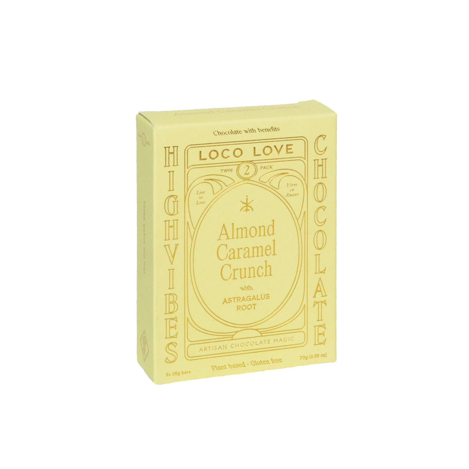 Yellow packaging of Loco Love Almond Caramel Crunch chocolate on a white background