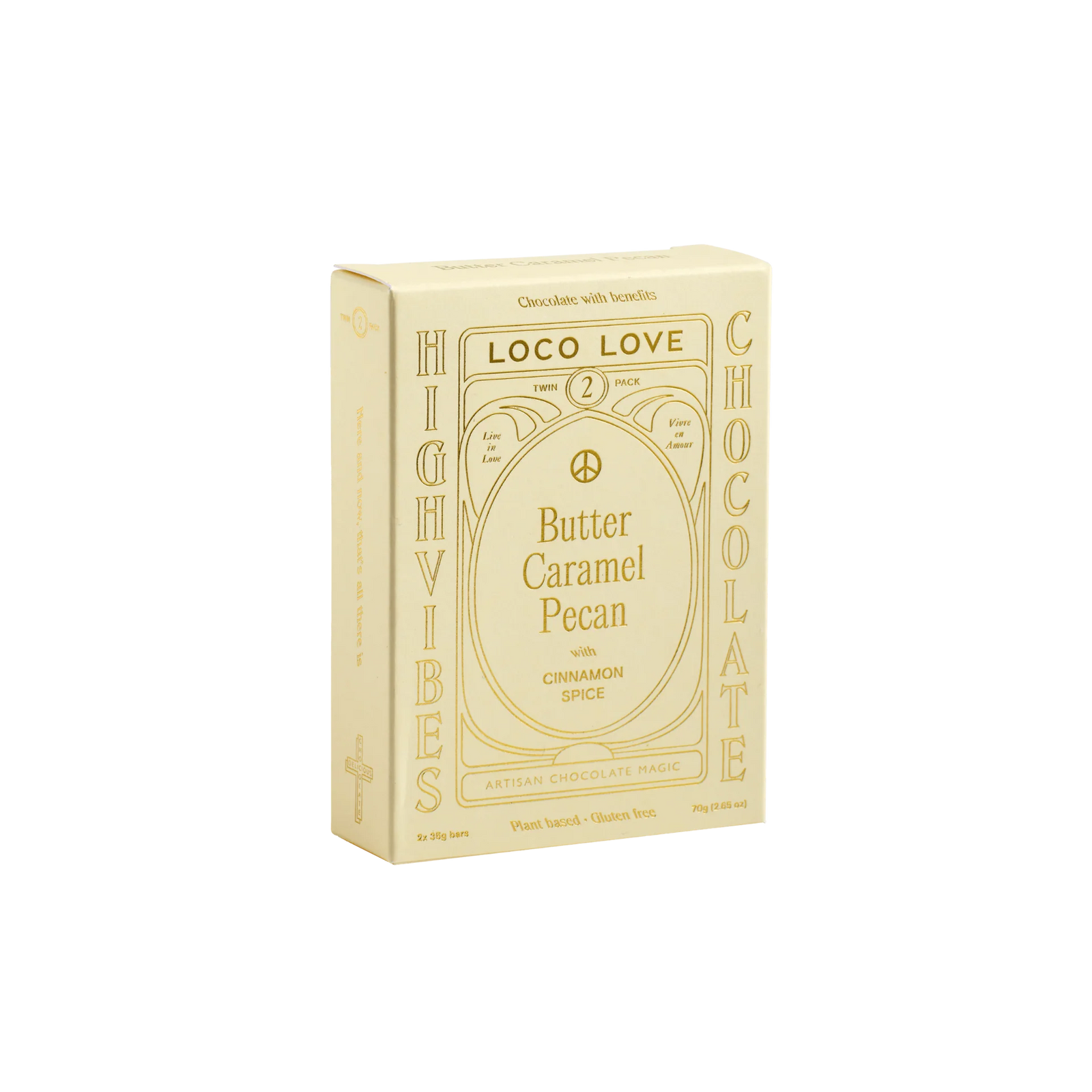 Box of Loco Love Butter Caramel Pecan chocolate on a white background