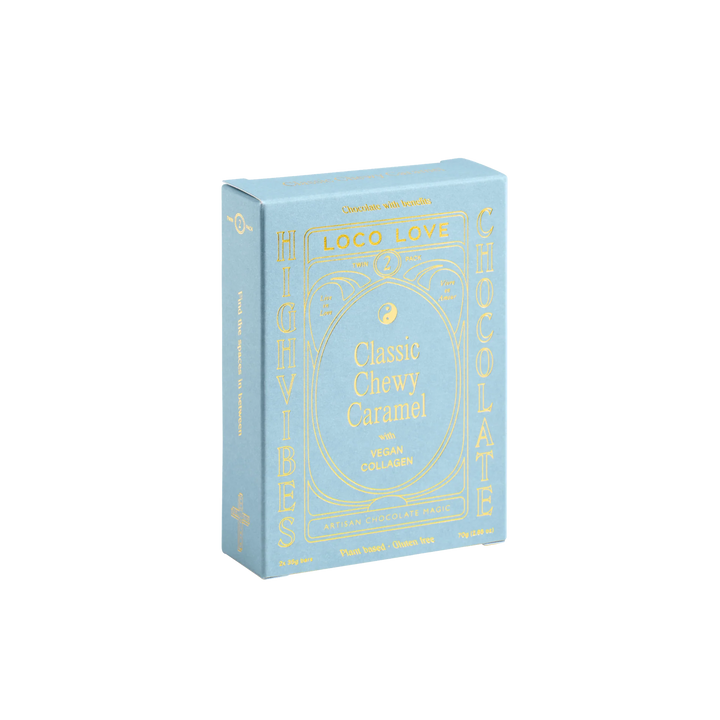 Blue packaging of Loco Love Classic Chewy Caramel on a white background