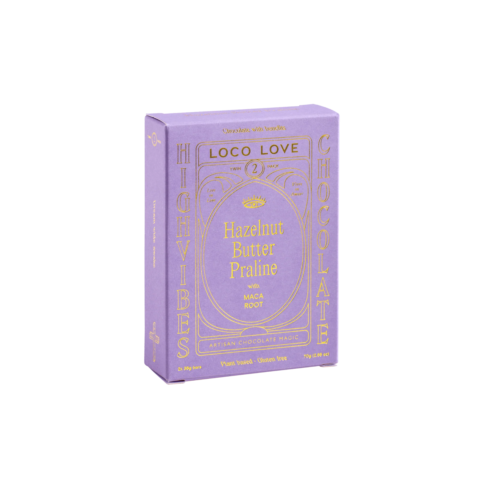 Box of Loco love hazelnut butter praline on a white background