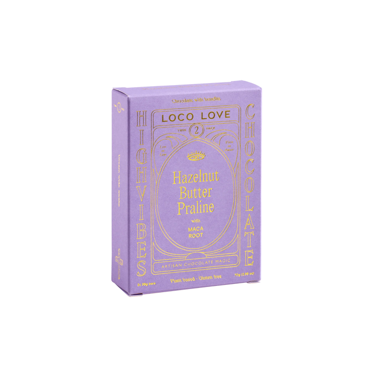 Box of Loco love hazelnut butter praline on a white background