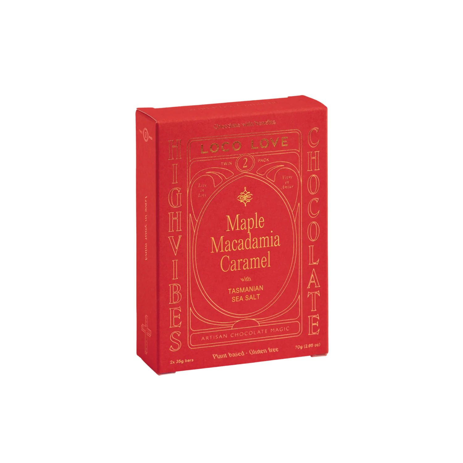 Red box of Maple Macadamia Caramel chocolate on a white background
