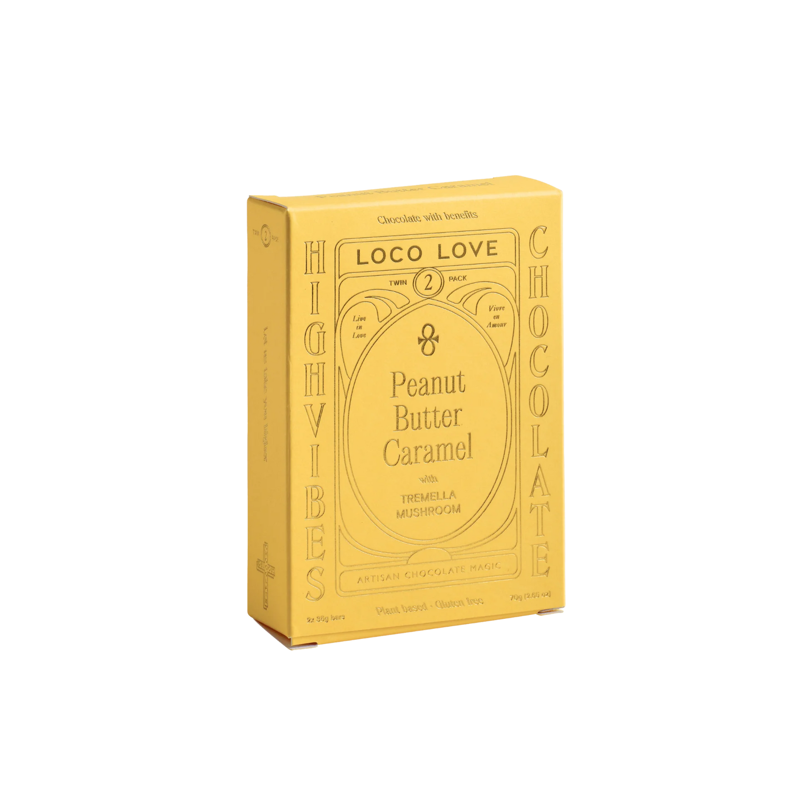 Yellow packaging of High Vibes Loco Love Peanut Butter Caramel chocolate on a white background