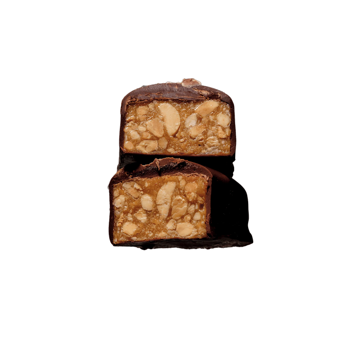 Two chocolate-covered Loco Love bars on a white background