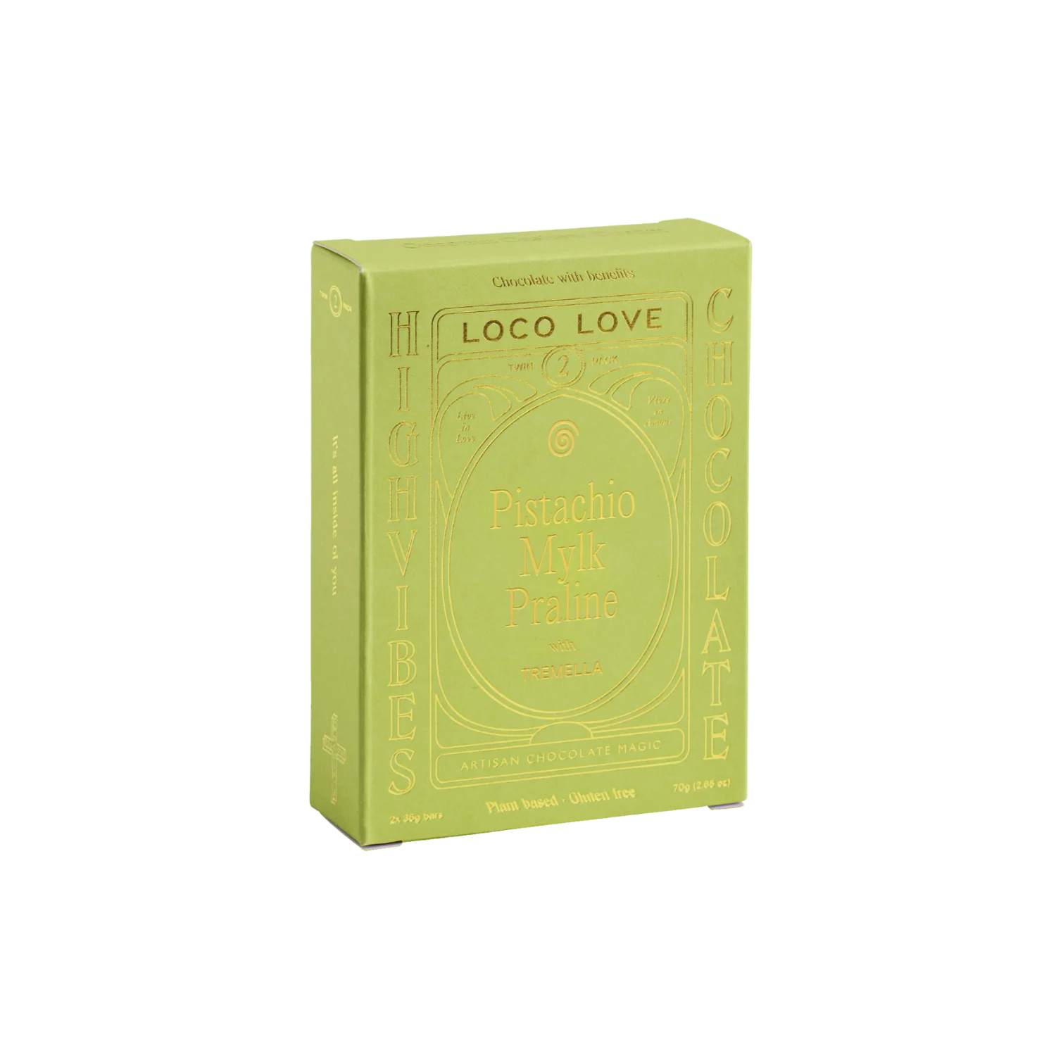 Green packaging of Loco Love Pistachio Milk Praline on a white background