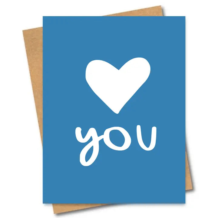 Blue card with white heart and 'love you' text on a white background