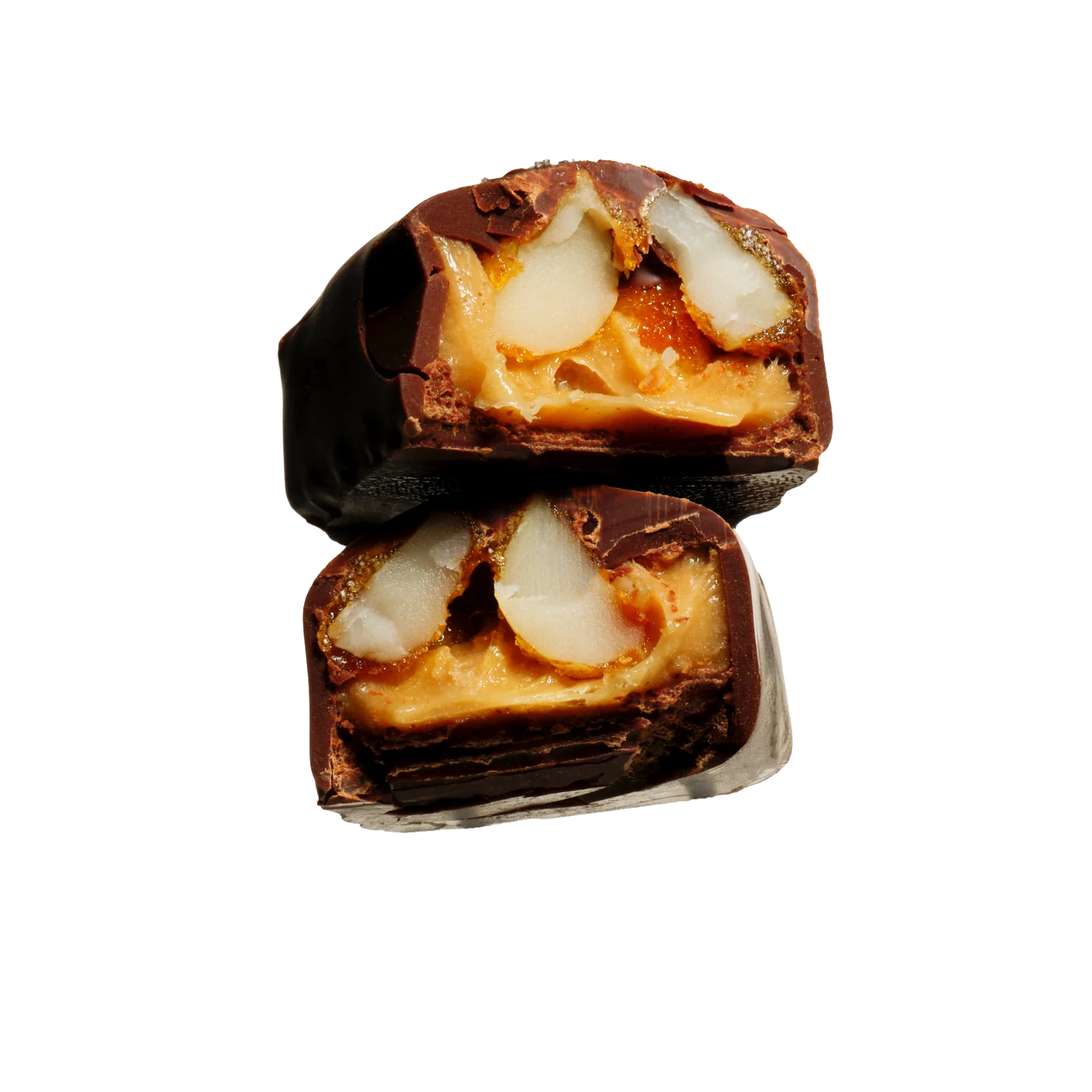 Close-up of a chocolate-covered candy with a white background