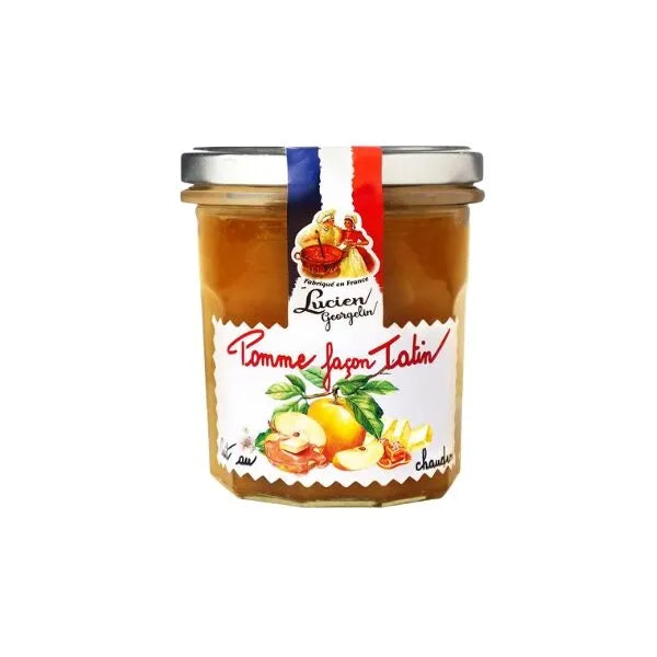 Jar of apple jam with a colorful label on a white background