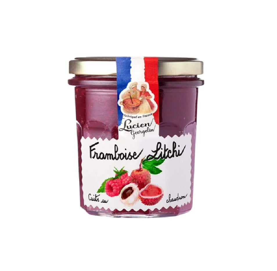 Jar of raspberry & lychee fruit preserve with a brand label on a white background