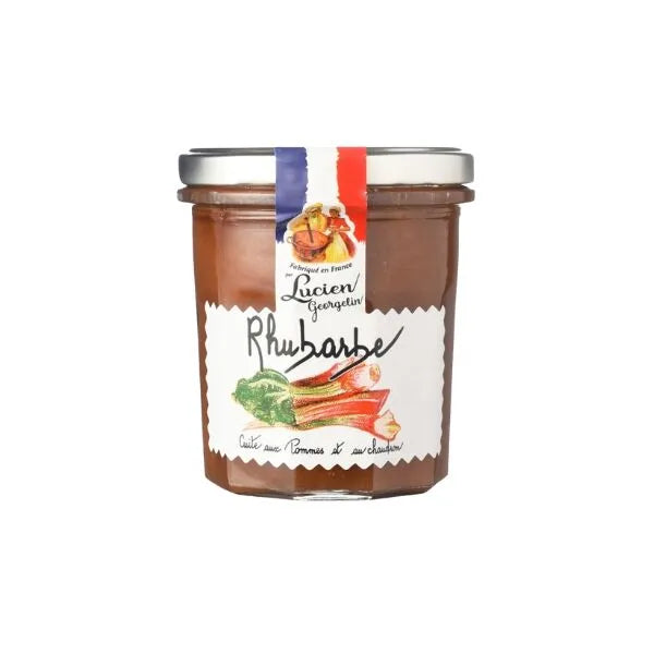 Jar of rhubarb preserve with a brand label on a white background