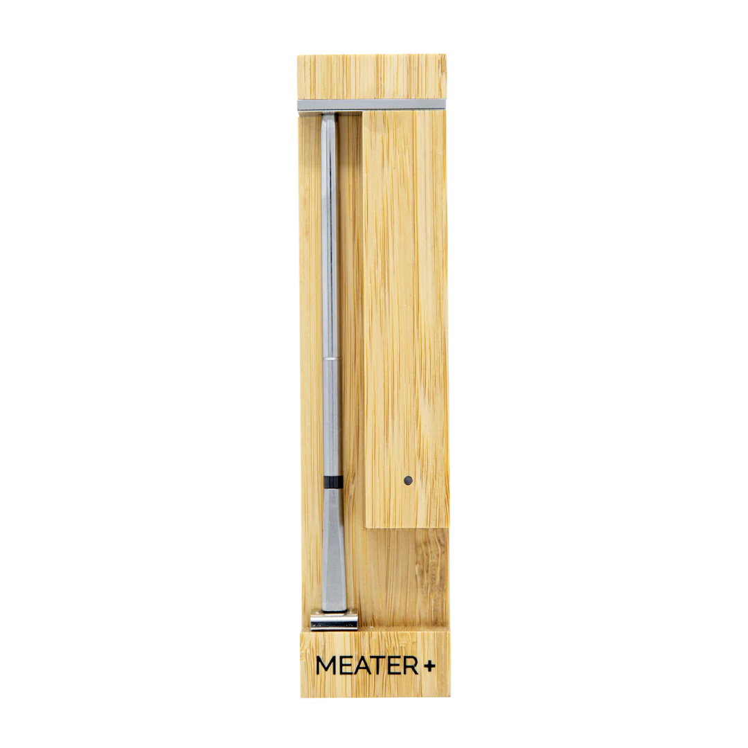 Meater+ meat thermometer with wooden casing on a white background